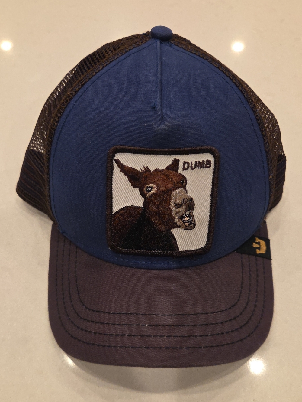 Goorin Bros Blue and Brown Trucker Hat with Donkey Patch
